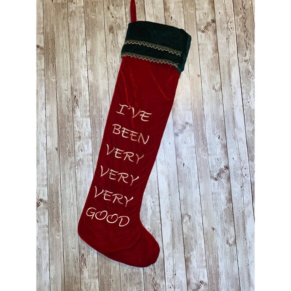 Red Velvet Christmas Stocking With Ive Been Very Very Very Very Good Embroidery - Picture 1 of 6